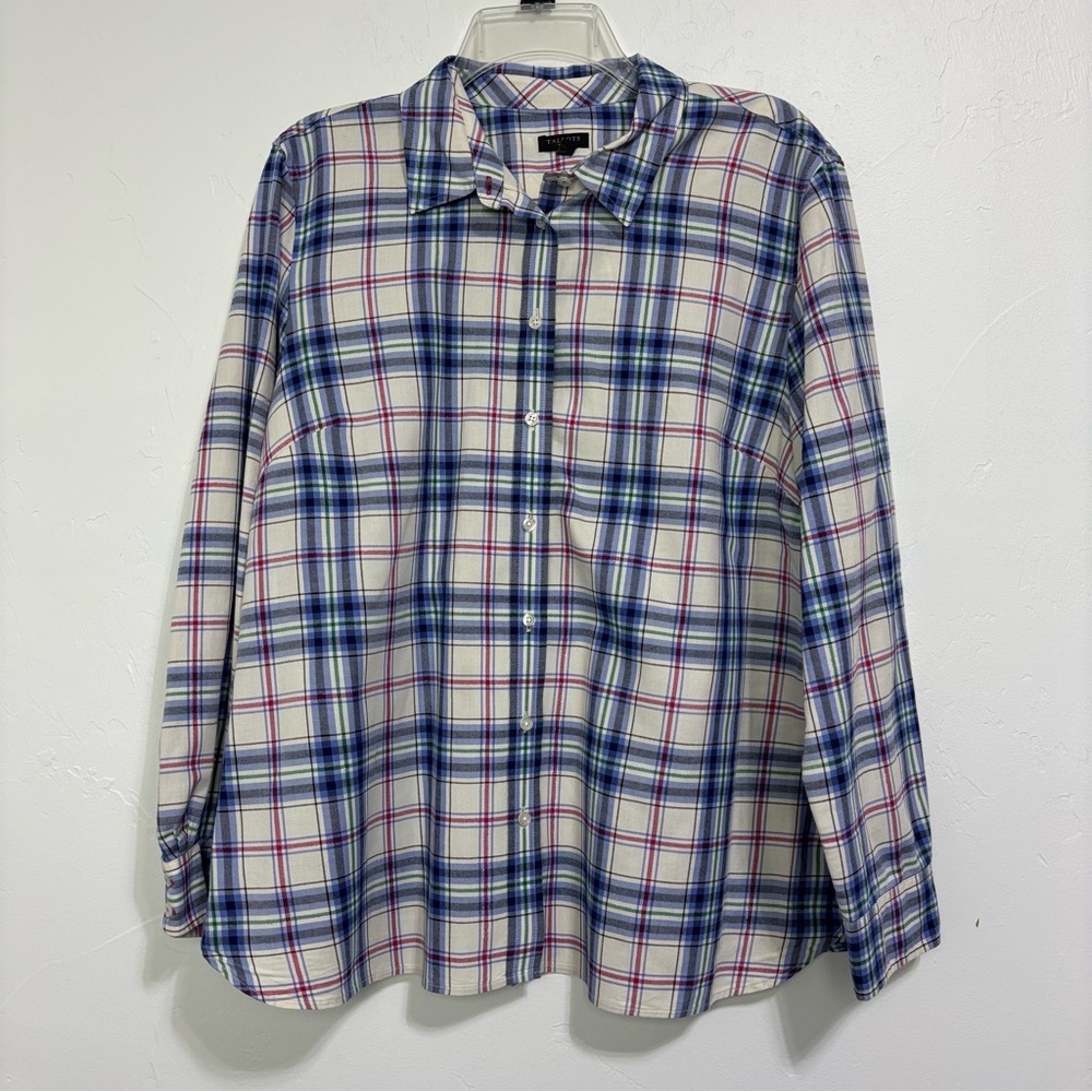 Talbots Women's Petite XLP Button Front Shirt Long Sleeve Plaid Blue